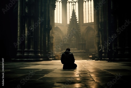Within spectacular spider webbed walls of Gothic cathedral, distinguished European man, matured with years, kneels in silent prayer. With monumental stone saints silent audience, he practices