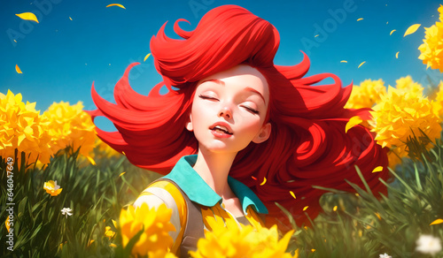 Portrait of a beautiful red-haired girl in a field of yellow flowers