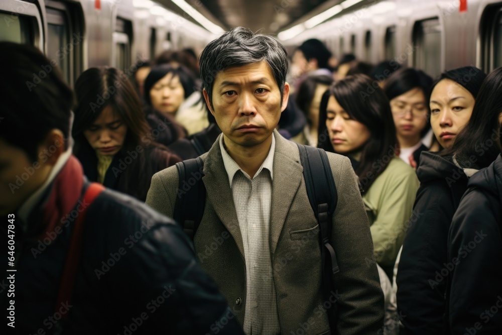 middleaged, Asian man in crowded subway station, exhibiting telltale signs of ennui. face betrays fatigue, insidious byproduct of ceaseless grind against daily rigors within adopted metropolitan middleaged, Asian man in crowded subway station, exhibiting telltale signs of ennui. face betrays fatigue, insidious byproduct of ceaseless grind against daily rigors within adopted metropolitan