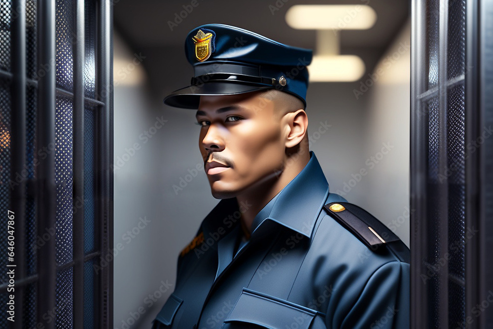front view of Jailer walking through the prison aisle, entering the safe zone. caucasian Prison officer in uniform with handcuffs bypassing the corridor of american jail. Generative ai. front view of Jailer walking through the prison aisle, entering the safe zone. caucasian Prison officer in uniform with handcuffs bypassing the corridor of american jail. Generative ai.