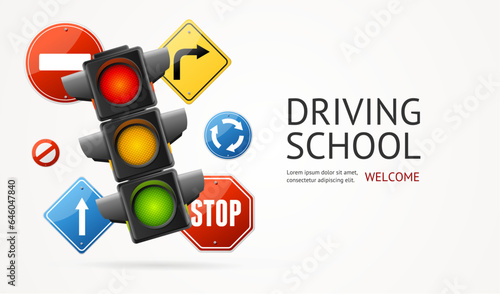Realistic Detailed 3d Driving School Ads Banner Concept Poster Card. Vector illustration of Professional Auto Education Driving Rules