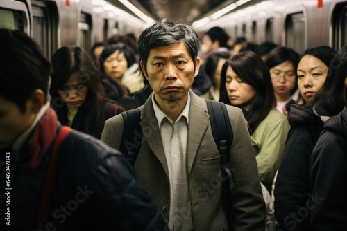 Fototapeta middleaged, Asian man in crowded subway station, exhibiting telltale signs of ennui