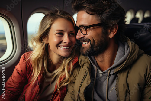 happy couple love tourist on a plane