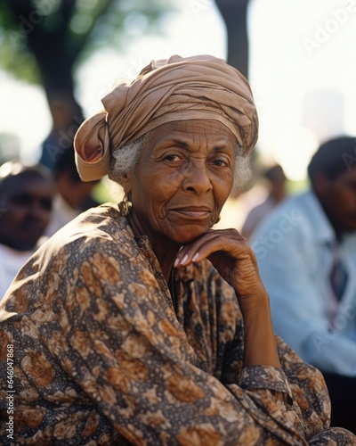 African American woman in golden years seated alone in park, watching children play. Despite joyous scene unfolding in front of eyes, she feels disconnected, if shes observing from afar, common