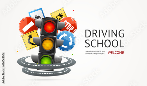 Realistic Detailed 3d Driving School Ads Banner Concept Poster Card with Traffic Light Illuminated and Road Signs Around. Vector illustration