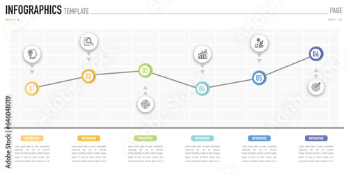 Trend thin line chart infographic template or element with 6 step, process, option, colorful circle, button, arrow, paper origami, minimal style for sale slide, trade stock, analysis, web, agenda