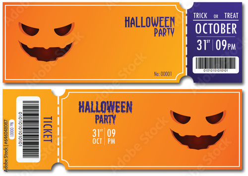 Halloween Party Ticket template design. Hallow eve Ticket in scary pumpkin face.  Halloween event entrance ticket or admission or Template Vector illustration