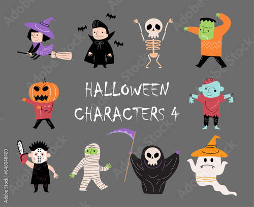 Doodle style halloween cartoon characters . Gray isolate background . Vector . Set 4 of 4 .