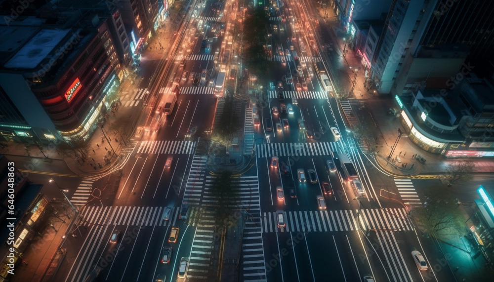 Fototapeta premium Illuminated city skyline, blurred motion, traffic rush hour, modern transportation generated by AI