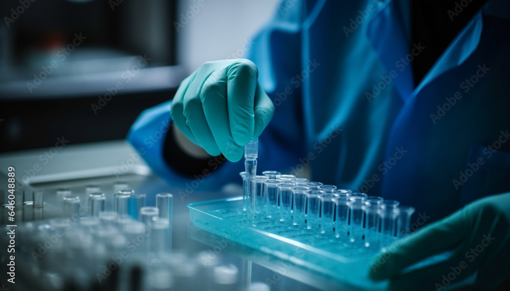 Scientist analyzing medical sample with blue liquid in laboratory generated by AI Scientist analyzing medical sample with blue liquid in laboratory generated by AI