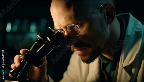 Expert scientist analyzing scientific experiment with magnifying glass and microscope generated by AI
