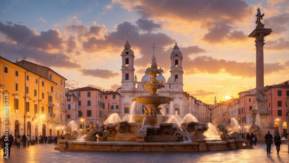 Piazza Navona with the Moor Fountain and Basilica at sunset, Rome, Italy.
