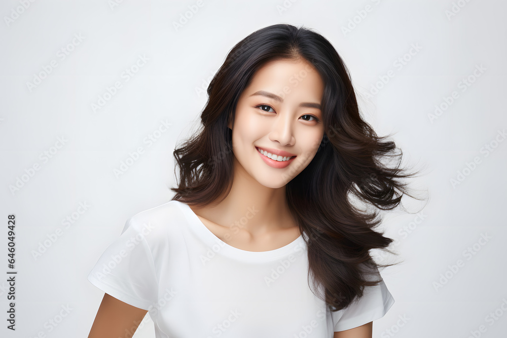 Young beautiful asian woman model with long hair in white t-shirt posing on light grey background. Young beautiful asian woman model with long hair in white t-shirt posing on light grey background.