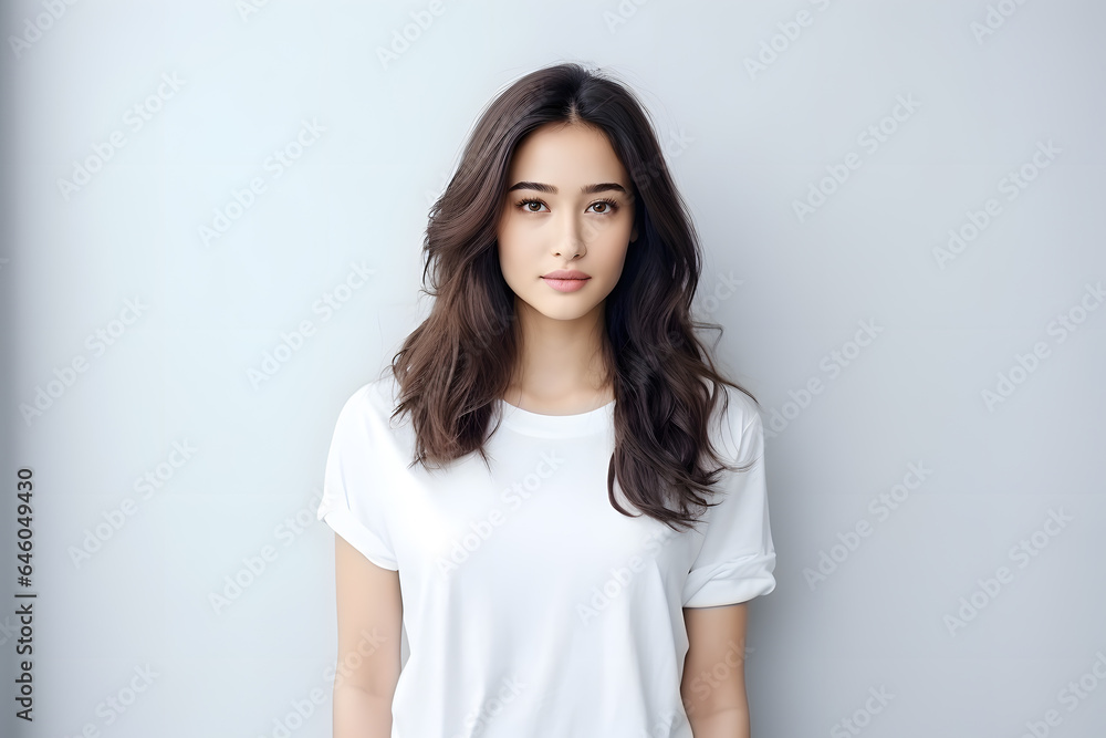Young beautiful asian woman model with long hair in white t-shirt posing on light grey background. Young beautiful asian woman model with long hair in white t-shirt posing on light grey background.