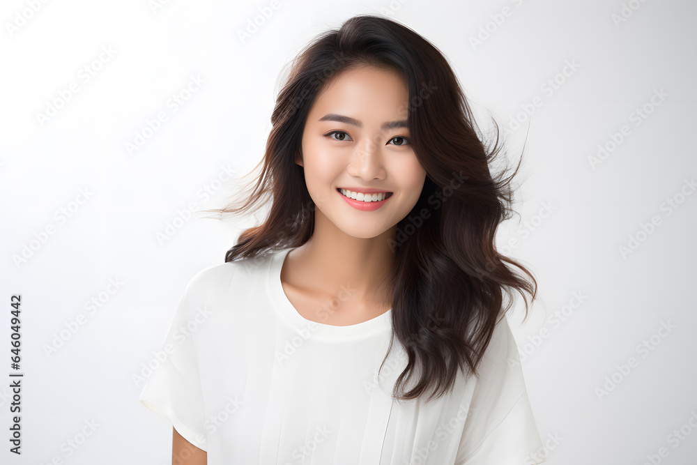 Young beautiful asian woman model with long hair in white t-shirt posing on light grey background. Young beautiful asian woman model with long hair in white t-shirt posing on light grey background.
