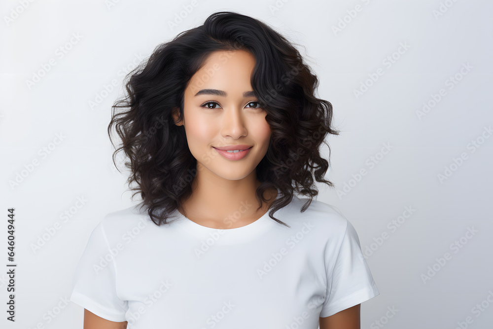 Young beautiful asian woman model with long hair in white t-shirt posing on light grey background.