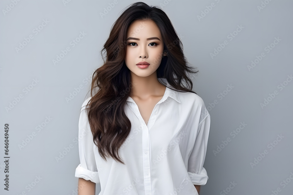 Young beautiful asian woman model with long hair in white t-shirt posing on light grey background. - obrazy, fototapety, plakaty 