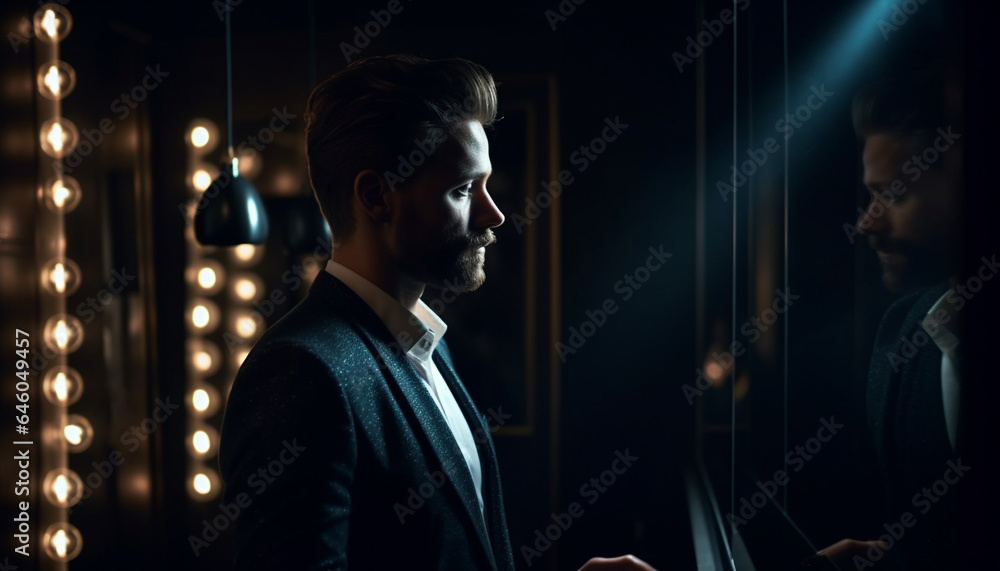 Successful businessmen in elegant suits standing by illuminated office window generated by AI