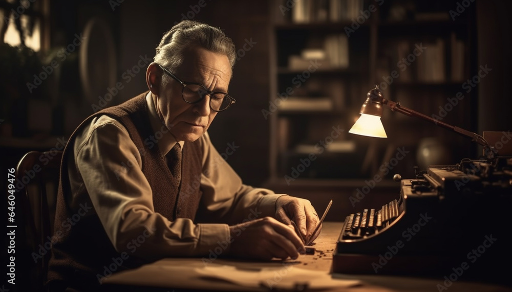Obraz premium Serious businessman typing on antique typewriter in home office library generated by AI
