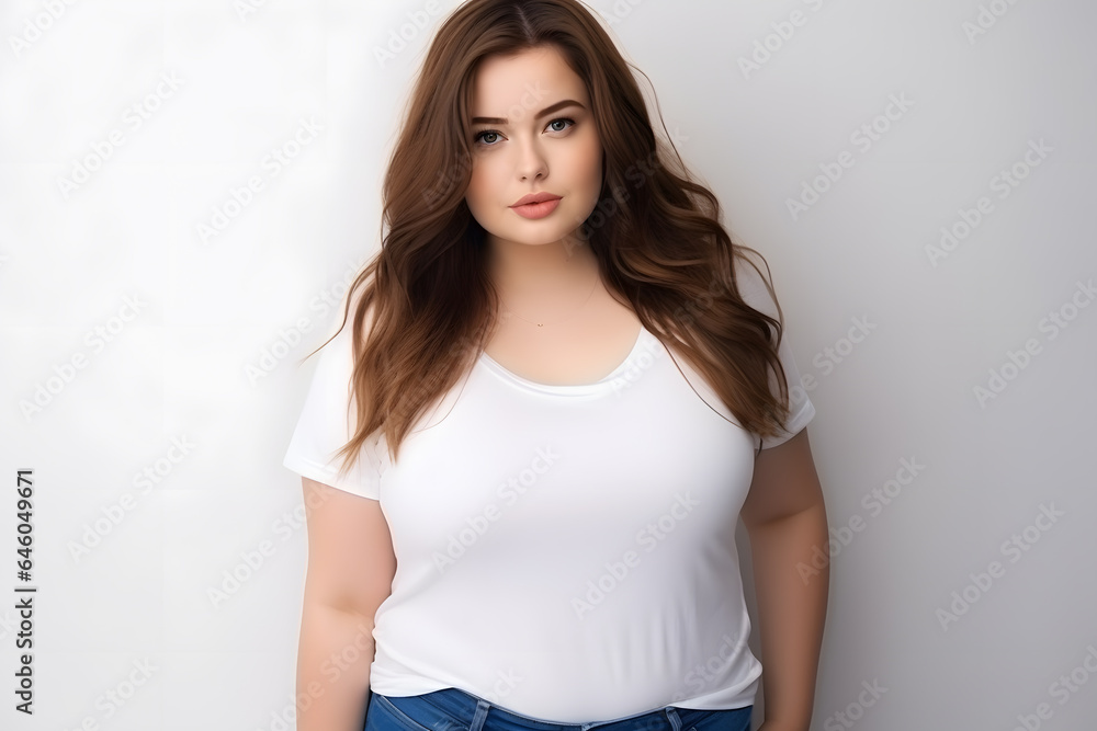 Young beautiful plus size woman model with long hair in white t-shirt posing on light grey background. Young beautiful plus size woman model with long hair in white t-shirt posing on light grey background.