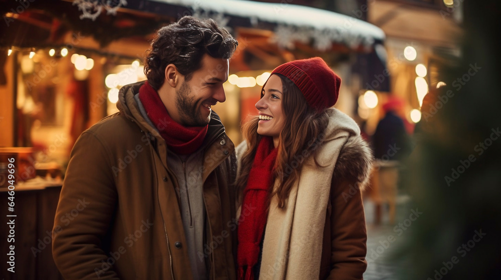 A young cheerful couple having a walk with hot drinks, dressed warm, looking at each other and laughing, snowflakes all around. Enjoying Christmas Market. Chrismas scenery - obrazy, fototapety, plakaty 