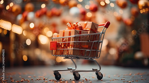 shopping cart full with giftbox in supermarket background