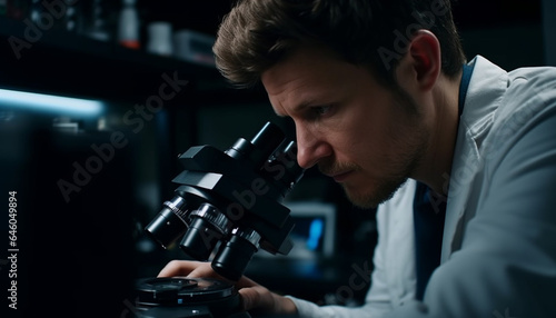 Caucasian male scientist analyzing microbiology with microscope and equipment generated by AI