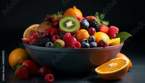 Juicy fruit bowl with ripe kiwi  lime  and multi colored berries generated by AI