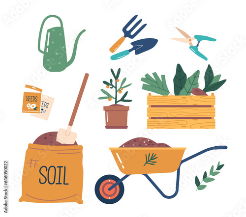 Set Of Isolated Gardening Items, Sack With Soil, Seeds, Wheelbarrow And Wooden Box With Ripe Vegetable Crop