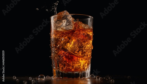 Golden whiskey drop splashing in cold highball glass on black background generated by AI