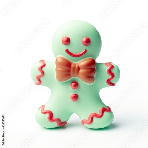 a cute mint green gingerbread man with a red bow on white background, mint green gingerbread man isolated on white background, green gingerbread man, isolated, white background, easy to cut out photo