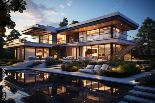 New architecture, modern villa, outdoors view at night scene. AI Generative