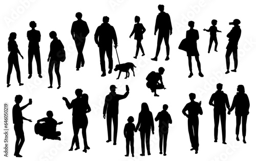 Silhouettes men, women, teenagers and children standing, walking, sitting, dancing,  walking with dog, black color, vector, group rest people, students,  design concept of flat icon, isolated on white