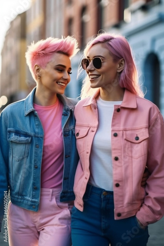 Young female gay couple smiling, outdoor portrait. Soft focus. Ai generated. © Inga