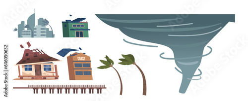 Set of Icons Hurricane, Palm Trees, Buildings and Pier Isolated Elements on White Background. Natural Disaster