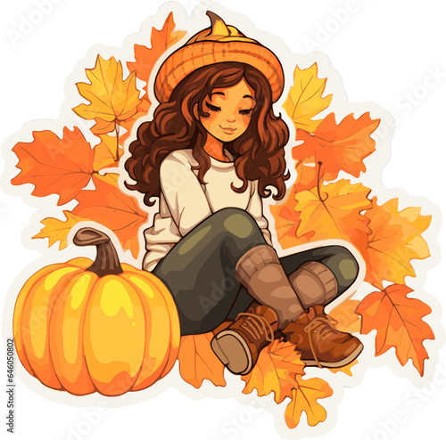 Fall Autumn Sticker with Girl Cute cartoon Illustration