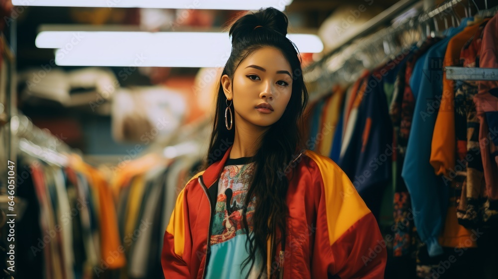 Retro Active fashion enthusiast people in a 90s and 2000s inspired style. Beautiful asian fashion girl