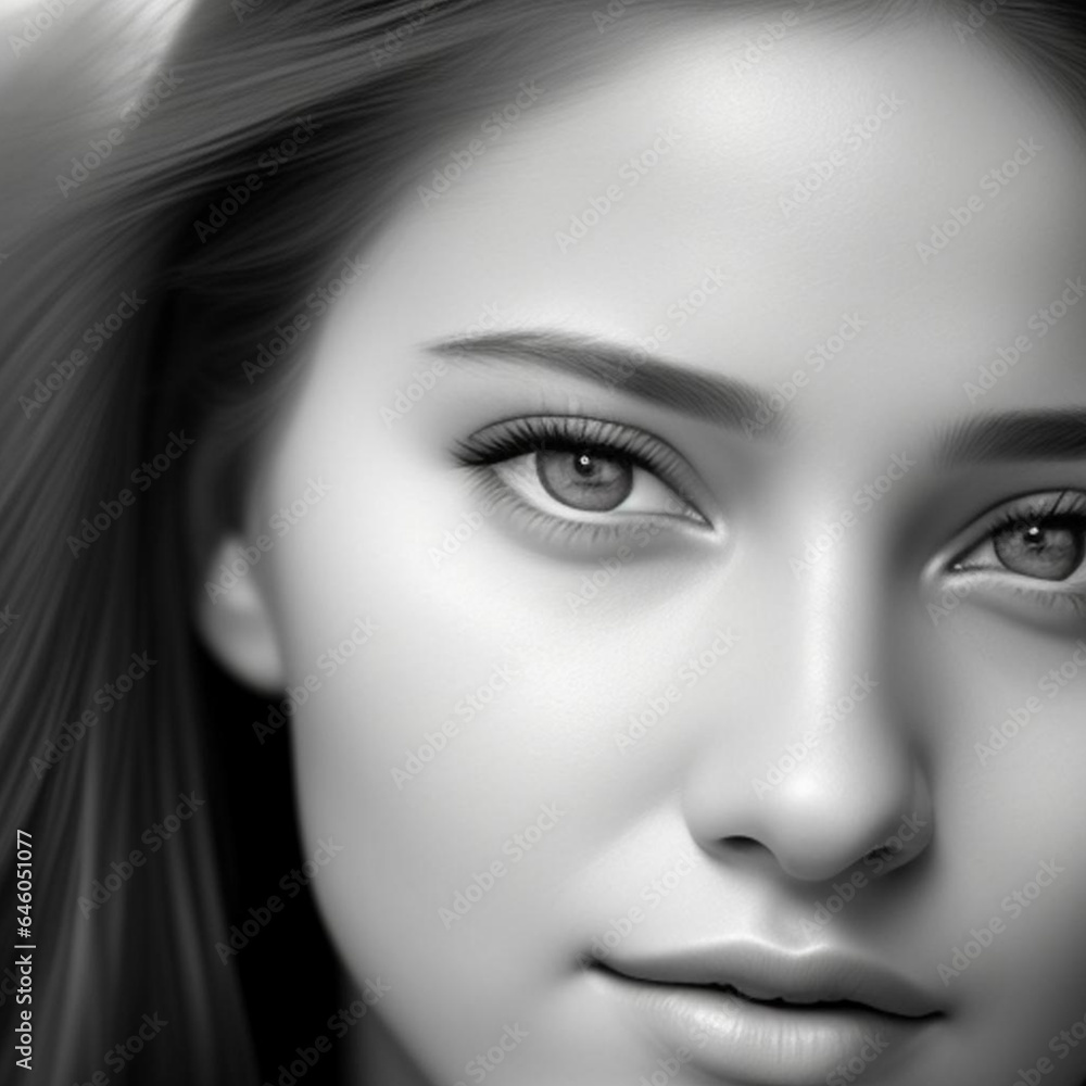 Fototapeta premium Monochrome detailed graphite pencil drawing portrait of a beautiful young woman. Generative AI