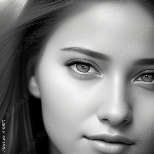 Monochrome detailed graphite pencil drawing portrait of a beautiful young woman.  Generative AI