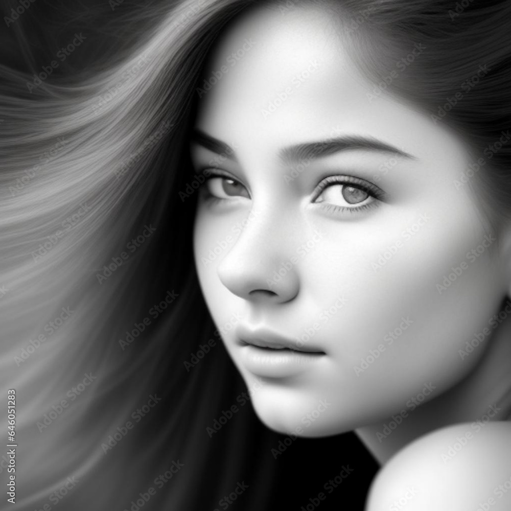 Fototapeta premium Monochrome detailed graphite pencil drawing portrait of a beautiful young woman. Generative AI