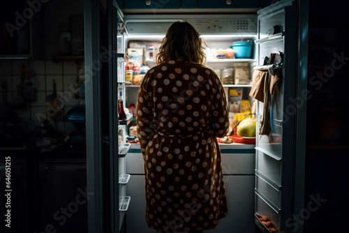 Overweight woman seen from back, in front of fridge. Eating disorder, overeating, junk food, ai generated. photo