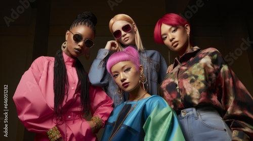 Diverse Retro fashion enthusiast group of people in a 90s and 200s inspired style. Diversity trend