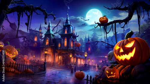 Halloween scene with pumpkins on the ground and full moon in the sky.
