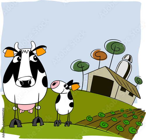 Black and white Holstein dairy cow and it calf, grazing peacefully licking the tasty grass of a large meadow with the barn in the background on a clear sunny day