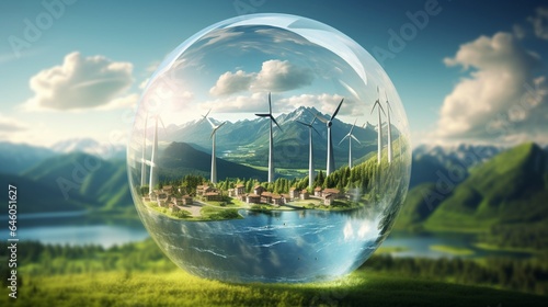 1 Capture a mesmerizing picture of a glass globe with a holographic projection of wind turbines set against a picturesque landscape, illustrating the aesthetics of wind energy