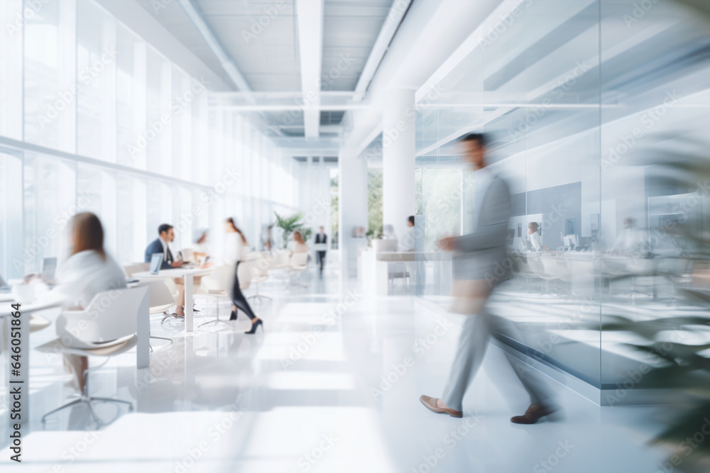 people walking in office, corporate photo of busy lobby with people, open plan minimalist office space