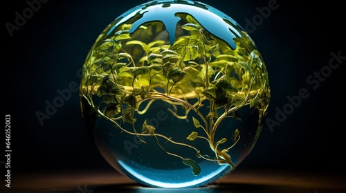 1 Capture a stunning picture of a glass globe with intricate, fractal-like patterns formed by swirling leaves and water droplets, symbolizing the natural origins of renewable energy