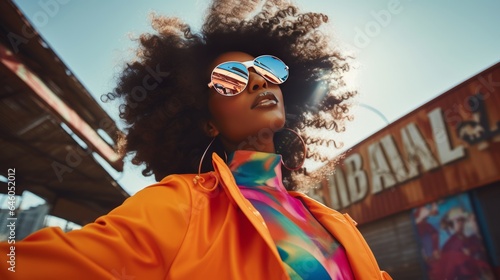 Dreamful Retro fashion enthusiast people in a 90s and 2000s inspired style. Fashion girl from 90s wears sunglasses	