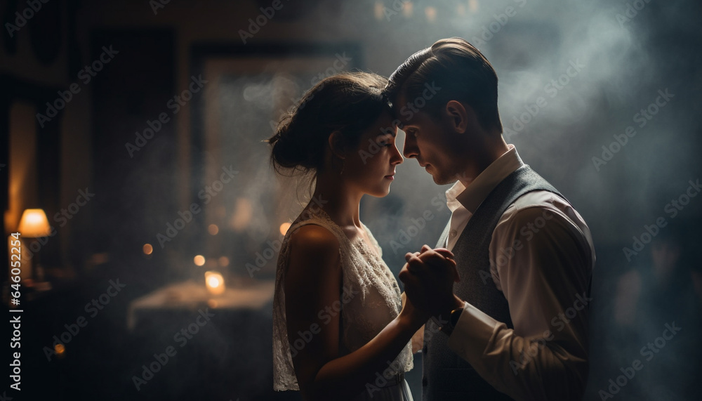Young couple embracing, kissing, and dancing in elegant wedding celebration generated by AI