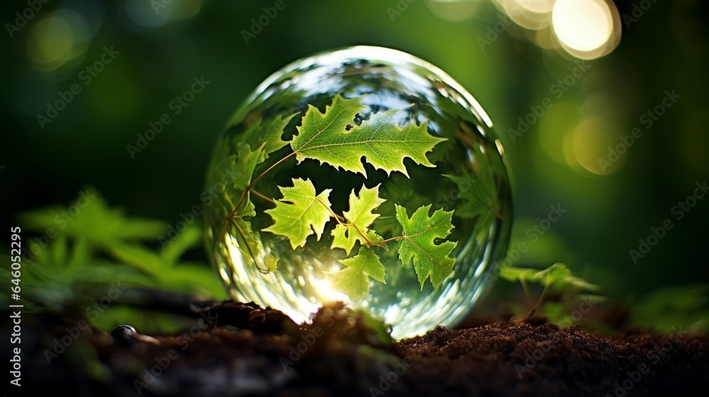 1 Capture an image of a glass globe with intricate, fractal-like patterns formed by swirling leaves and water droplets, symbolizing the natural origins of renewable energy